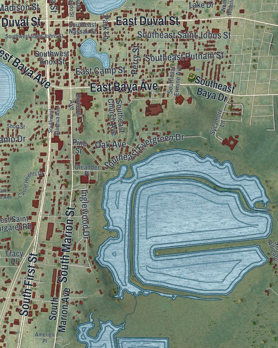 Close-up of Lake City streets on the map
