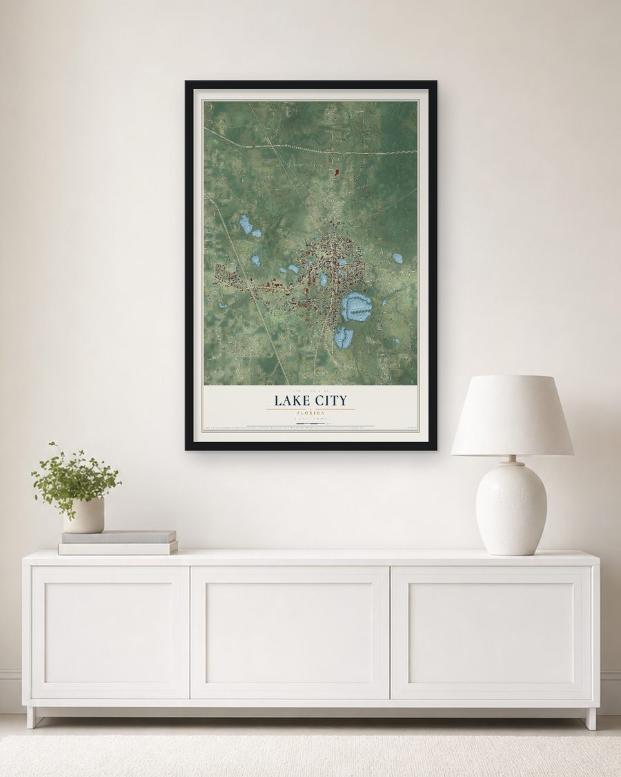 The Lake City, Florida map, 24 x 36 in, in a black wood frame on a living room wall