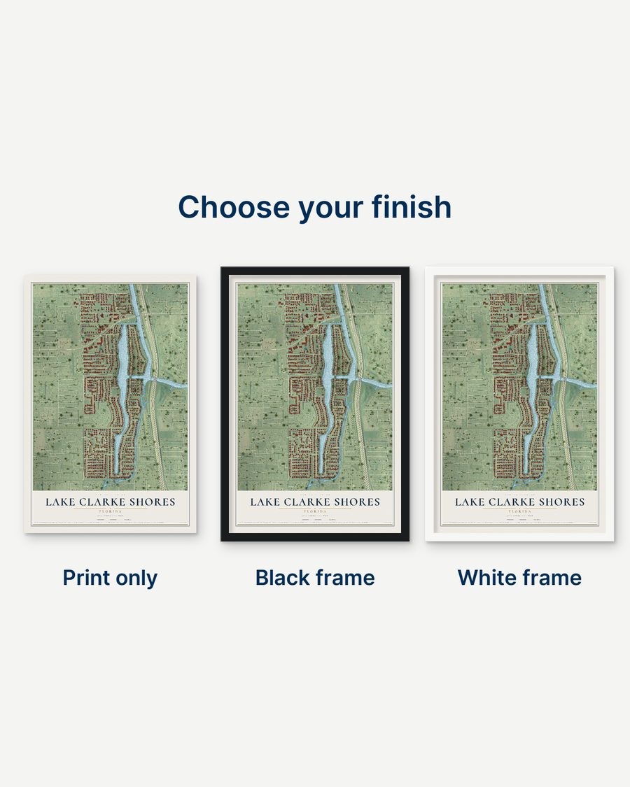 The Lake Clarke Shores, Florida map as a print only, in a black frame and in a white frame