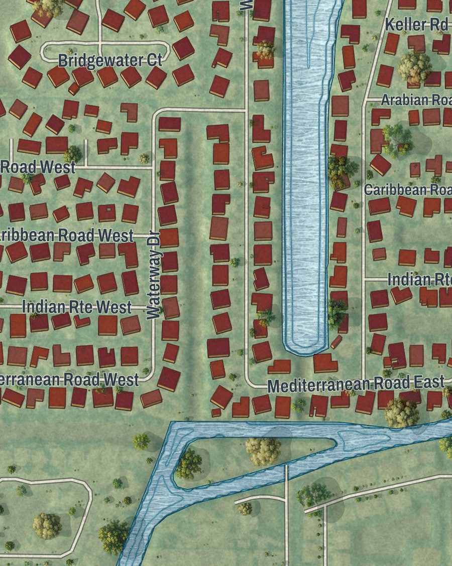 Close-up of Lake Clarke Shores streets on the map