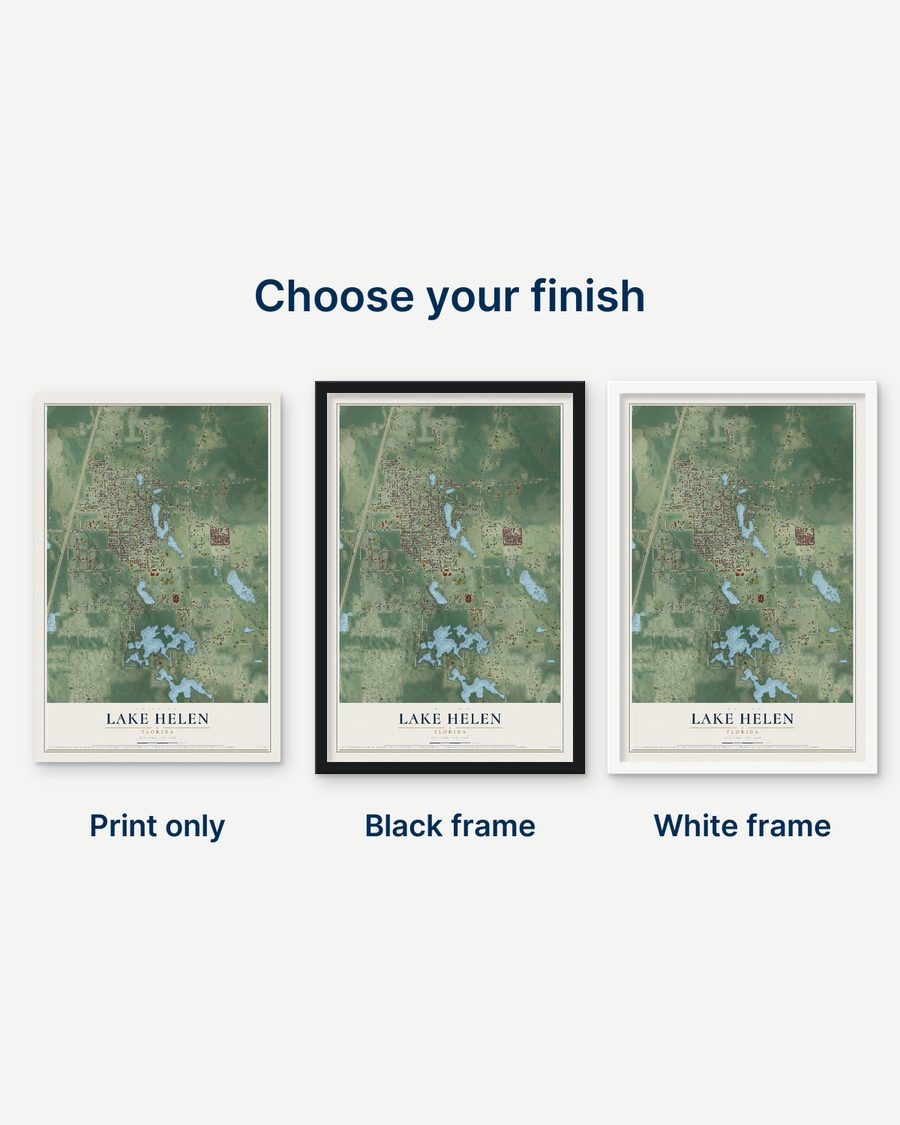 The Lake Helen, Florida map as a print only, in a black frame and in a white frame