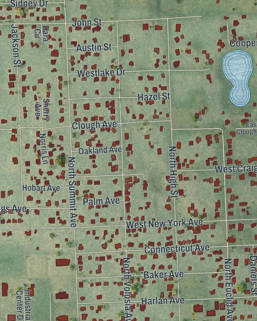 Close-up of Lake Helen streets on the map