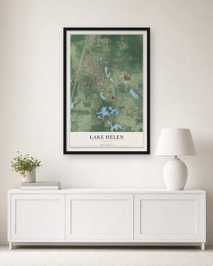 The Lake Helen, Florida map, 24 x 36 in, in a black wood frame on a living room wall