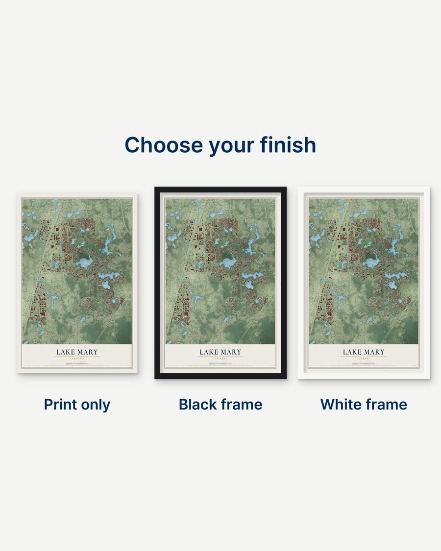 The Lake Mary, Florida map as a print only, in a black frame and in a white frame
