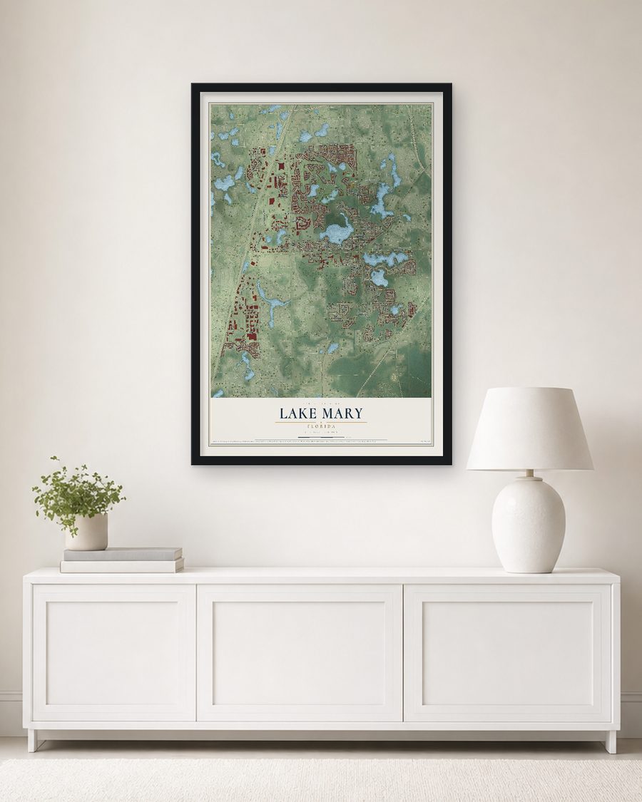 The Lake Mary, Florida map, 24 x 36 in, in a black wood frame on a living room wall