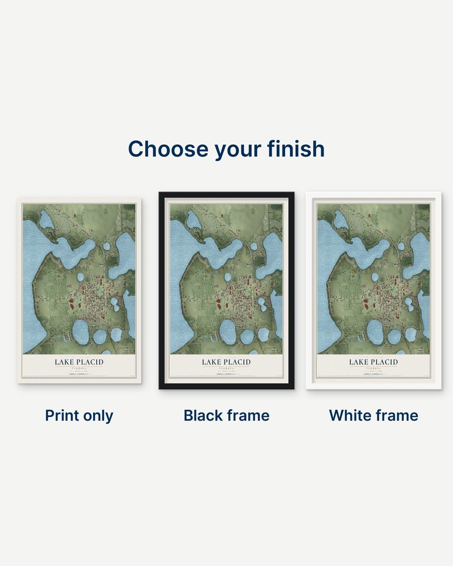 The Lake Placid, Florida map as a print only, in a black frame and in a white frame