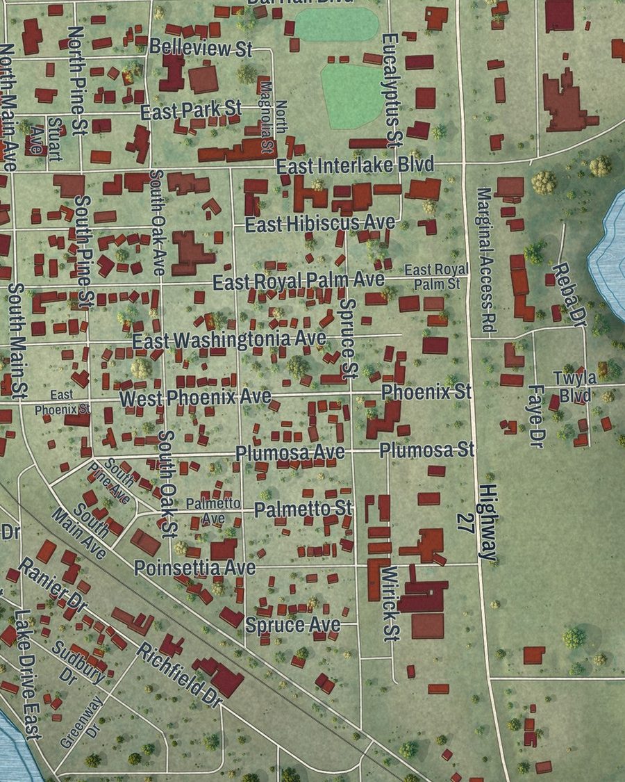 Close-up of Lake Placid streets on the map