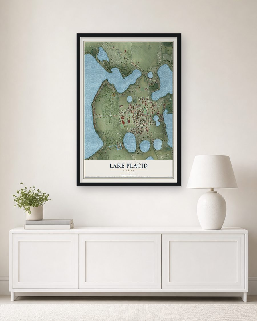 The Lake Placid, Florida map, 24 x 36 in, in a black wood frame on a living room wall