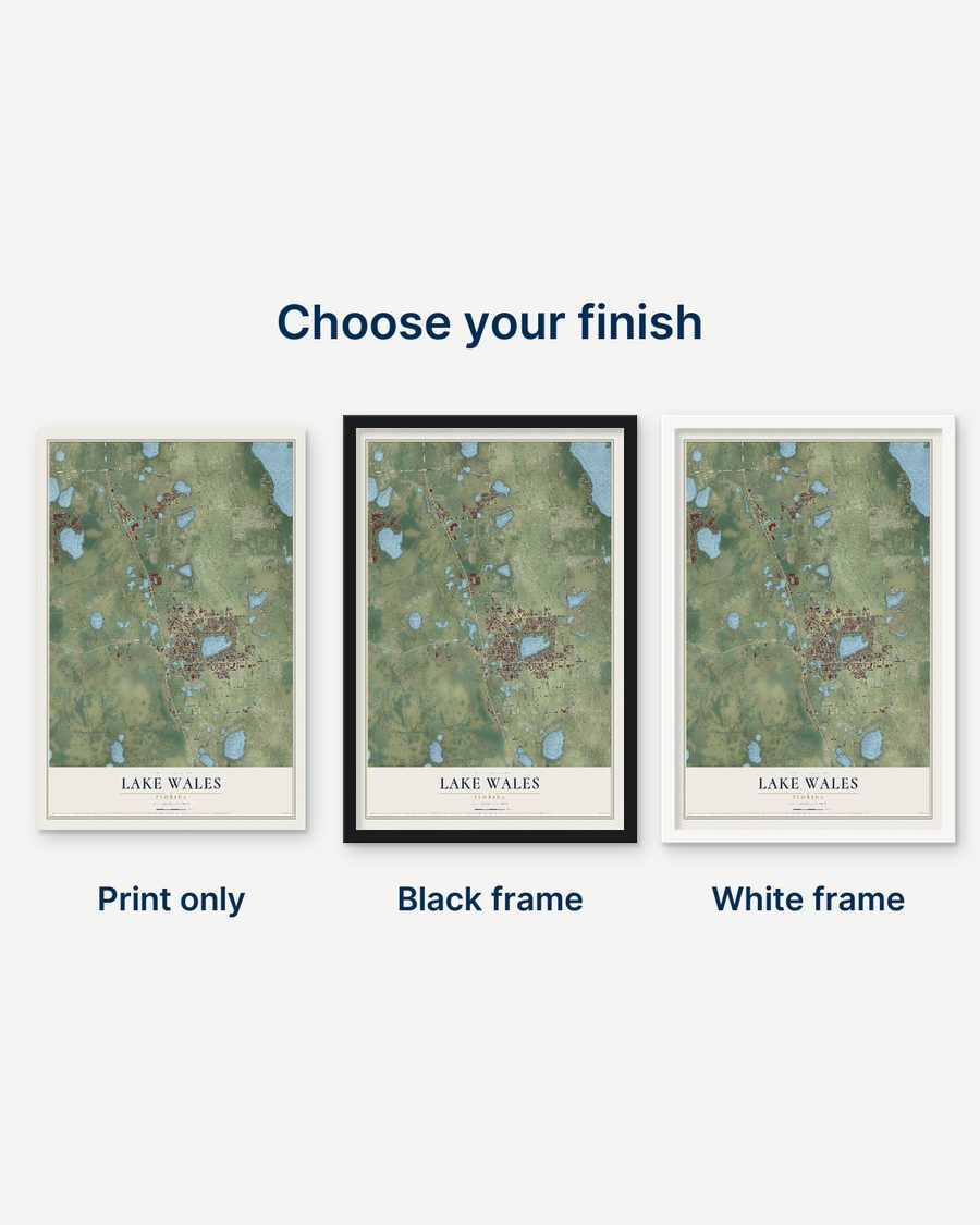 The Lake Wales, Florida map as a print only, in a black frame and in a white frame