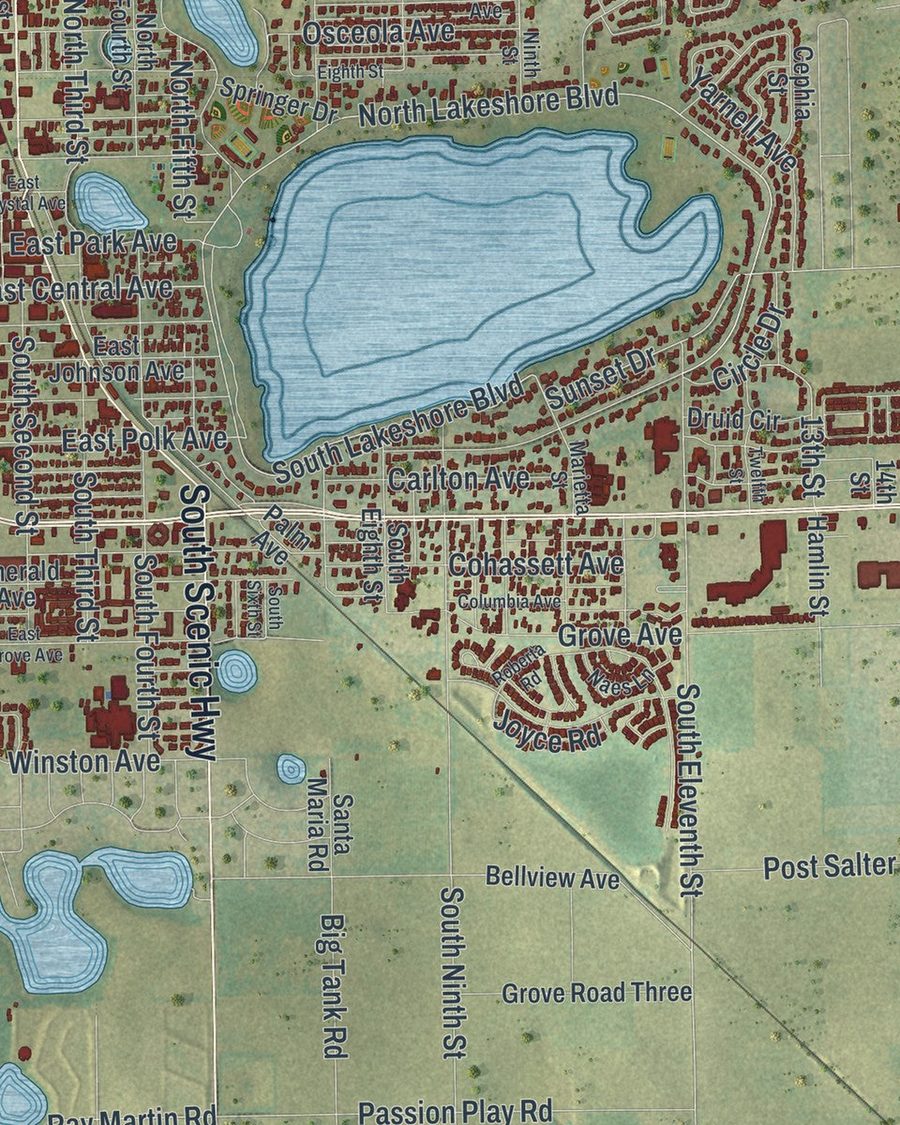 Close-up of Lake Wales streets on the map