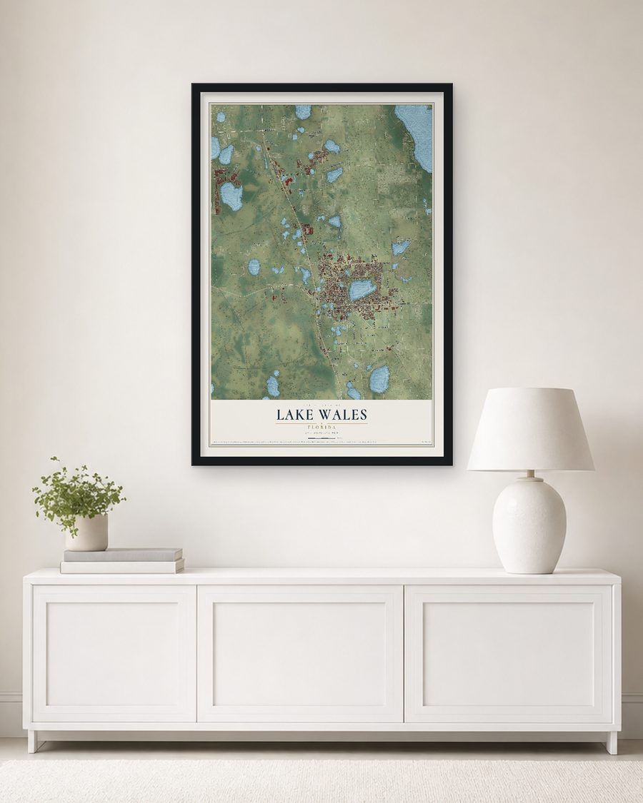 The Lake Wales, Florida map, 24 x 36 in, in a black wood frame on a living room wall