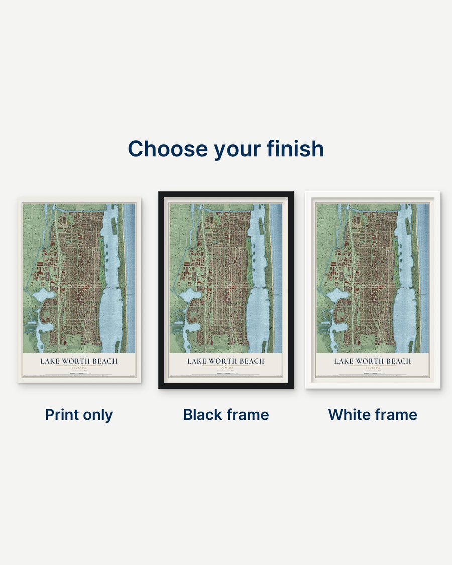 The Lake Worth Beach, Florida map as a print only, in a black frame and in a white frame