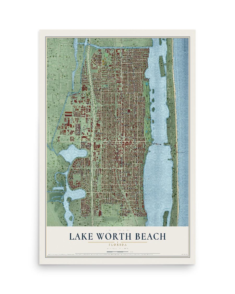 Lake Worth Beach, Florida map print, 12 x 18 in, print only