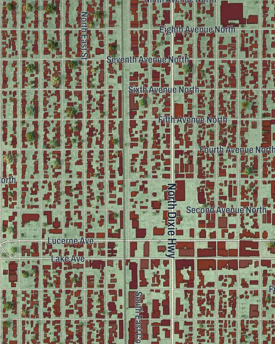 Close-up of Lake Worth Beach streets on the map