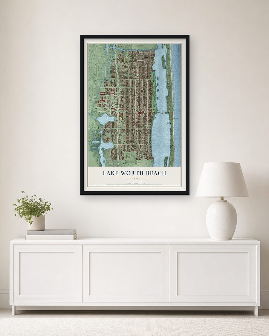 The Lake Worth Beach, Florida map, 24 x 36 in, in a black wood frame on a living room wall