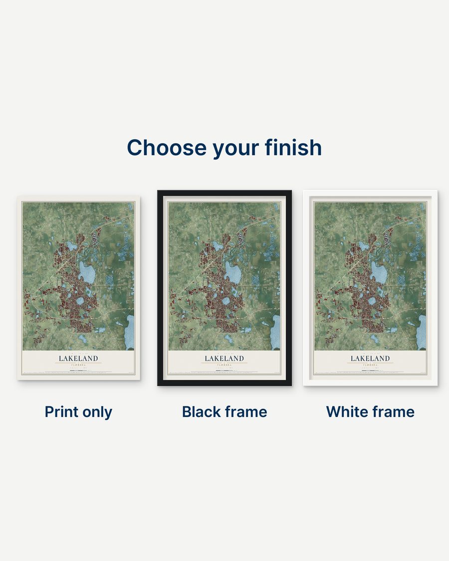 The Lakeland, Florida map as a print only, in a black frame and in a white frame
