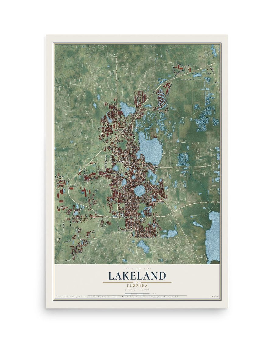 Lakeland, Florida map print, 12 x 18 in, print only