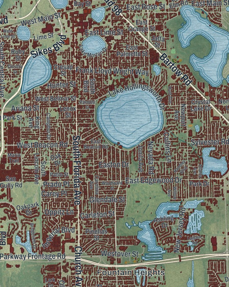 Close-up of Lakeland streets on the map