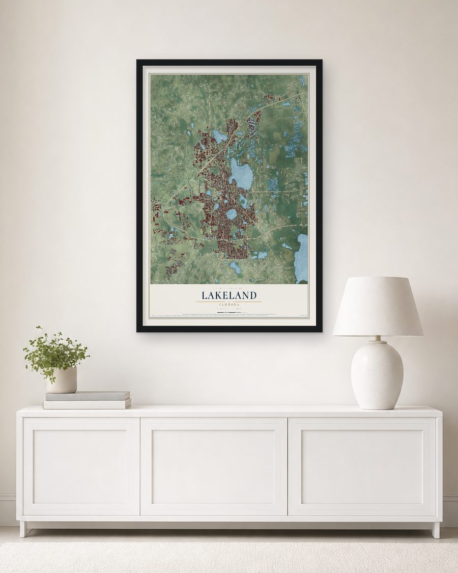 The Lakeland, Florida map, 24 x 36 in, in a black wood frame on a living room wall
