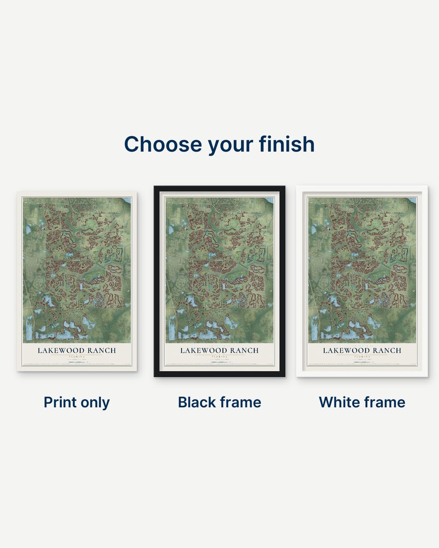 The Lakewood Ranch, Florida map as a print only, in a black frame and in a white frame