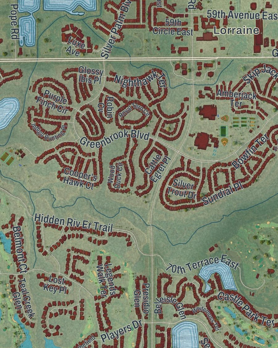 Close-up of Lakewood Ranch streets on the map