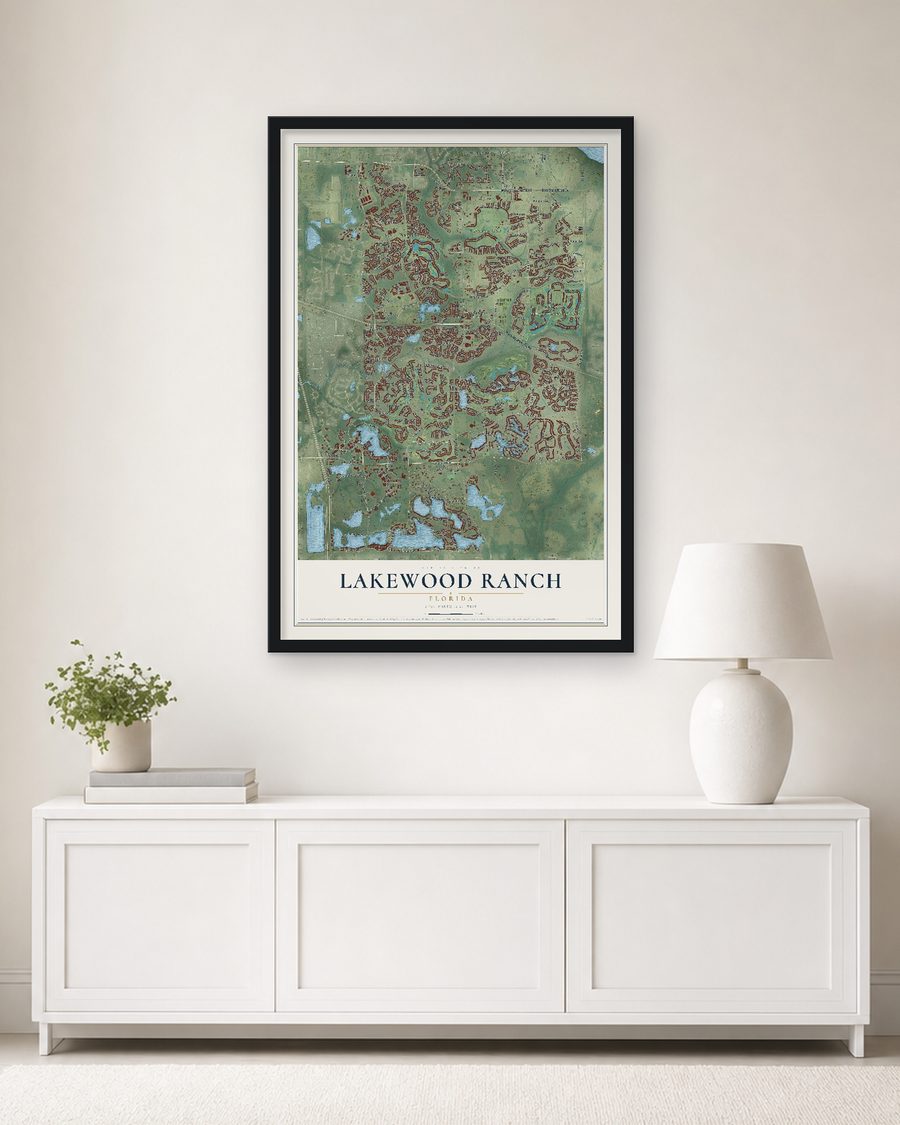 The Lakewood Ranch, Florida map, 24 x 36 in, in a black wood frame on a living room wall