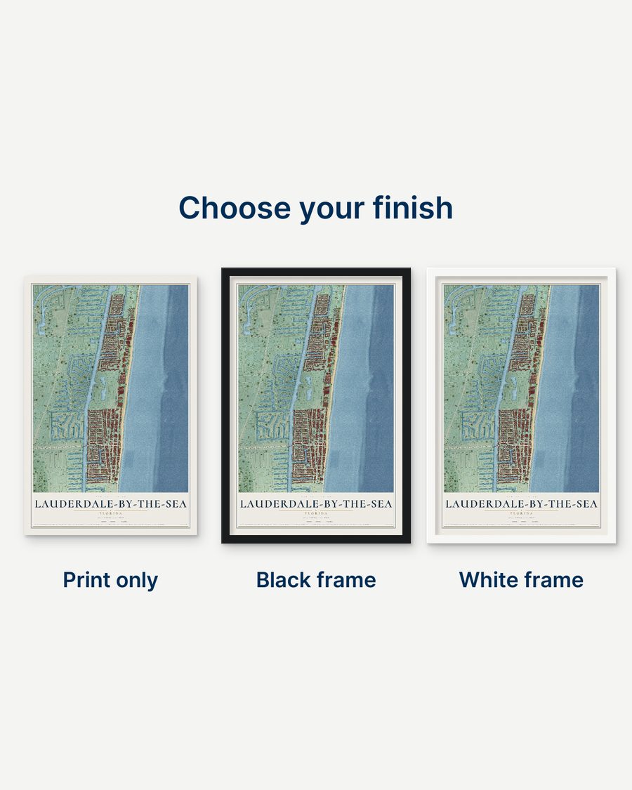 The Lauderdale-by-the-Sea, Florida map as a print only, in a black frame and in a white frame
