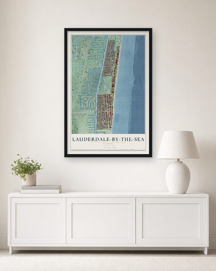 The Lauderdale-by-the-Sea, Florida map, 24 x 36 in, in a black wood frame on a living room wall