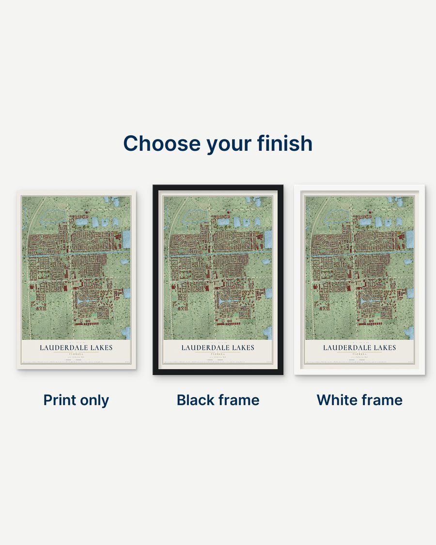 The Lauderdale Lakes, Florida map as a print only, in a black frame and in a white frame