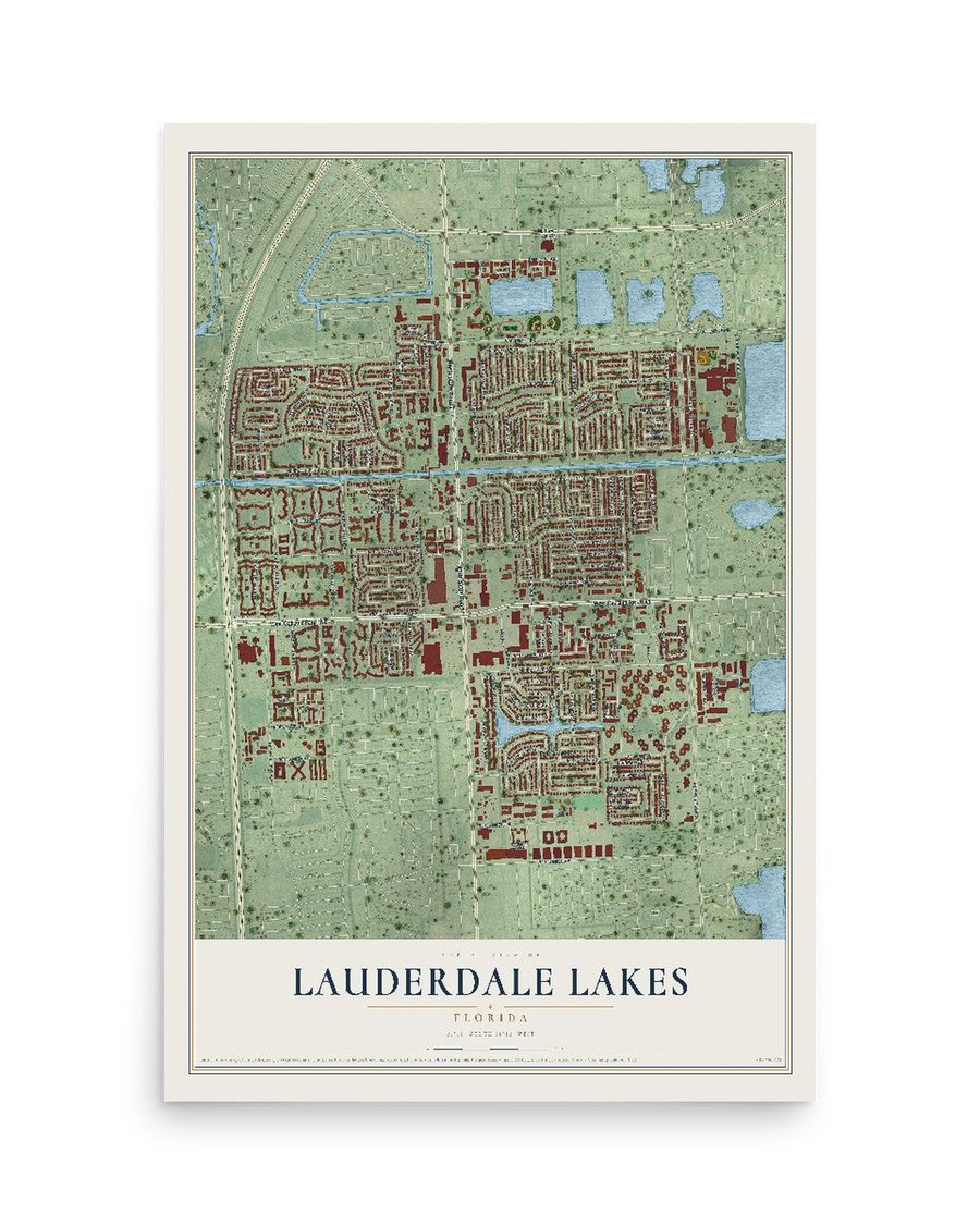 Lauderdale Lakes, Florida map print, 12 x 18 in, print only