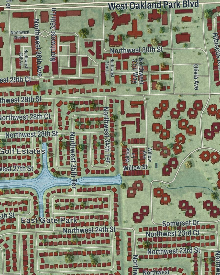 Close-up of Lauderdale Lakes streets on the map