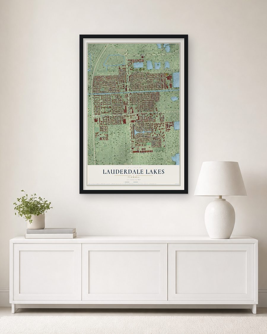 The Lauderdale Lakes, Florida map, 24 x 36 in, in a black wood frame on a living room wall