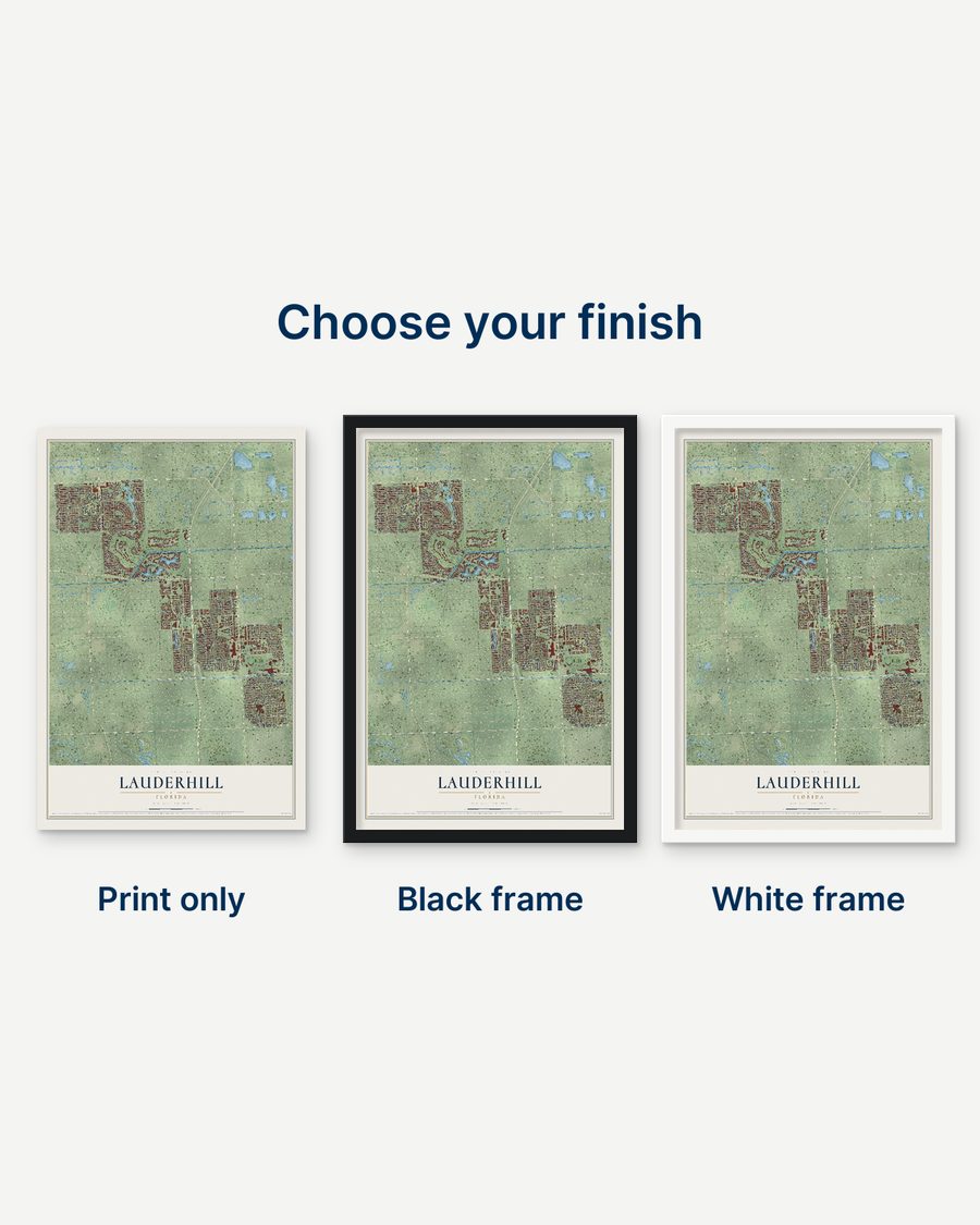 The Lauderhill, Florida map as a print only, in a black frame and in a white frame