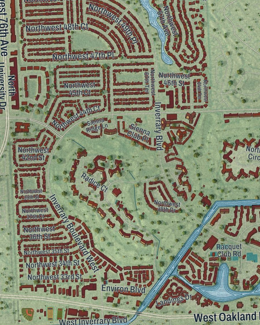 Close-up of Lauderhill streets on the map