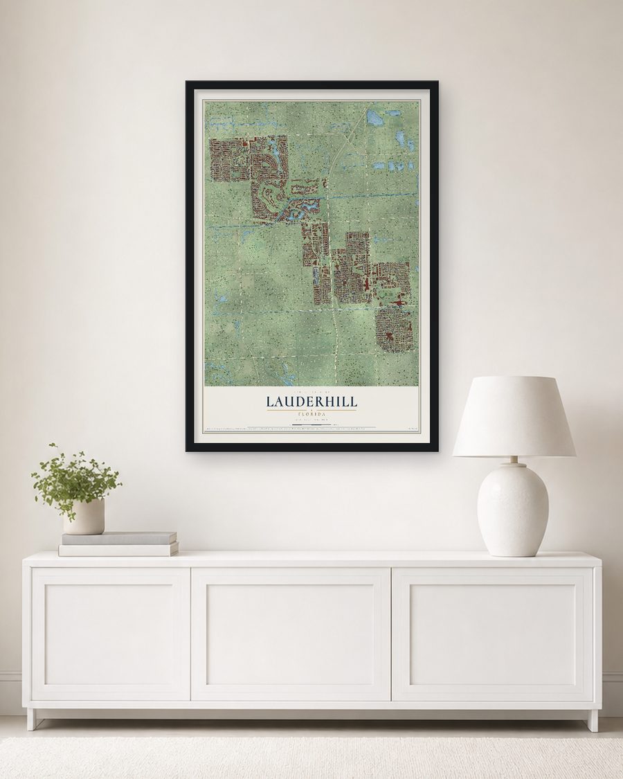 The Lauderhill, Florida map, 24 x 36 in, in a black wood frame on a living room wall