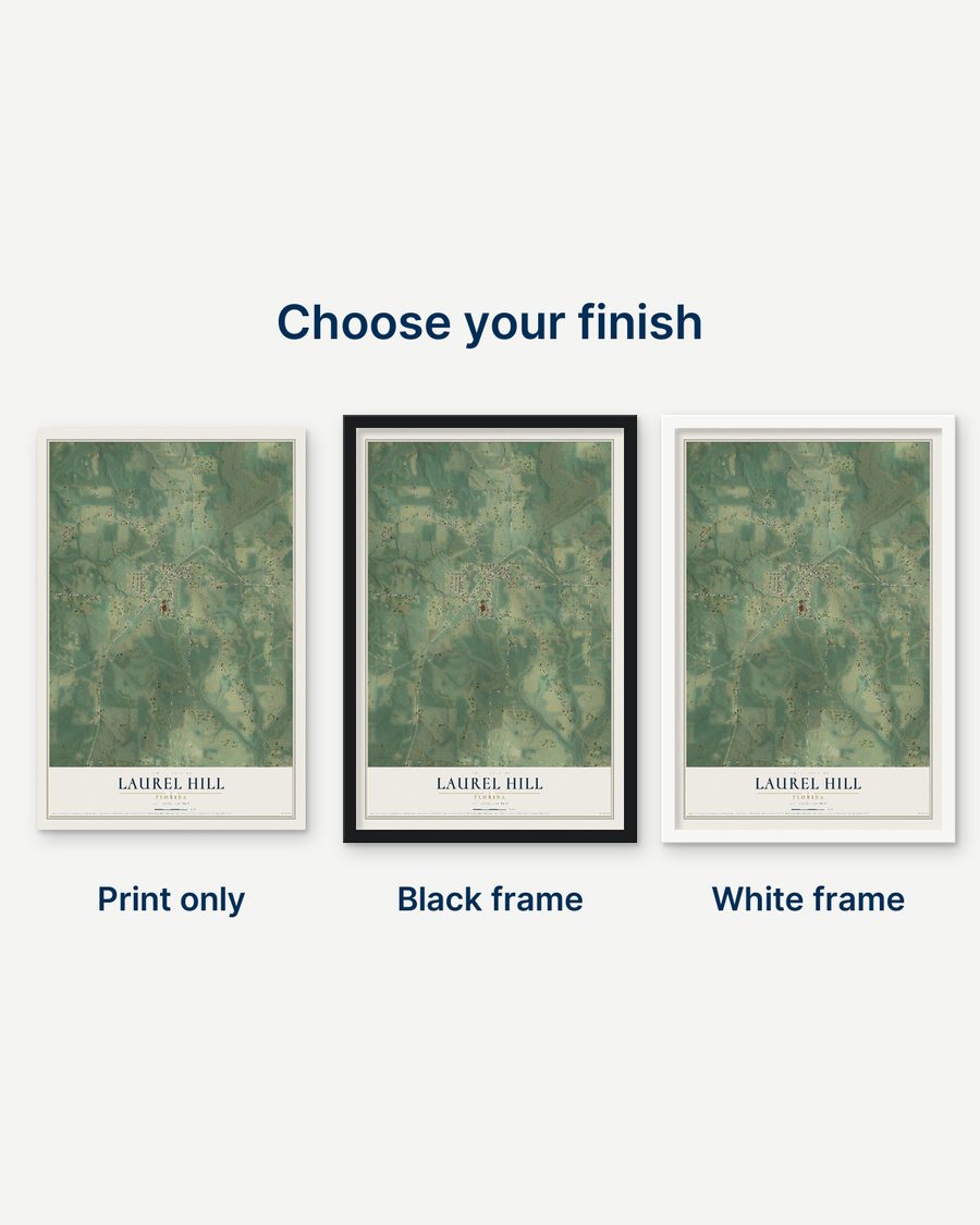 The Laurel Hill, Florida map as a print only, in a black frame and in a white frame