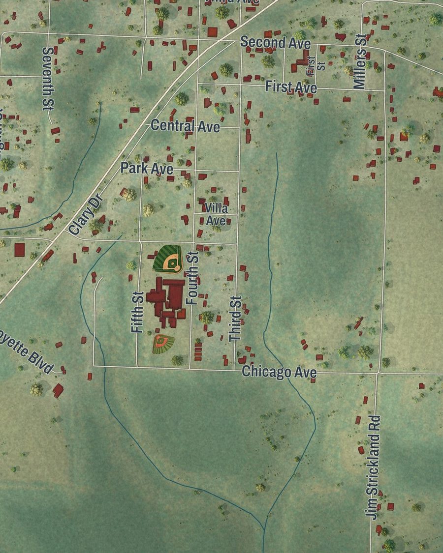 Close-up of Laurel Hill streets on the map