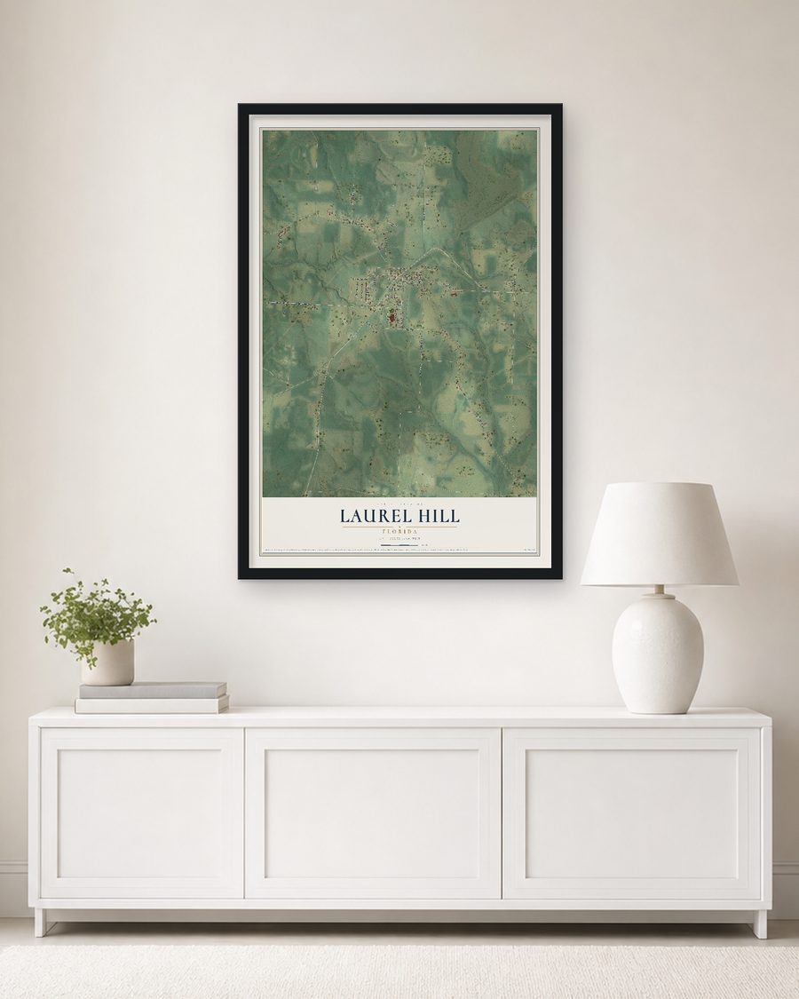 The Laurel Hill, Florida map, 24 x 36 in, in a black wood frame on a living room wall