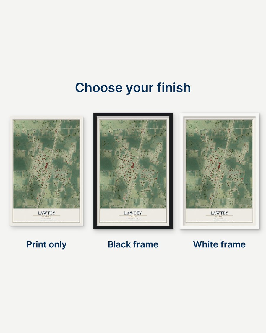 The Lawtey, Florida map as a print only, in a black frame and in a white frame