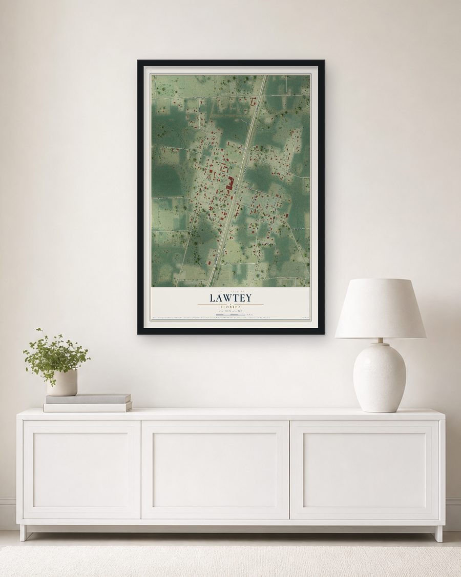 The Lawtey, Florida map, 24 x 36 in, in a black wood frame on a living room wall