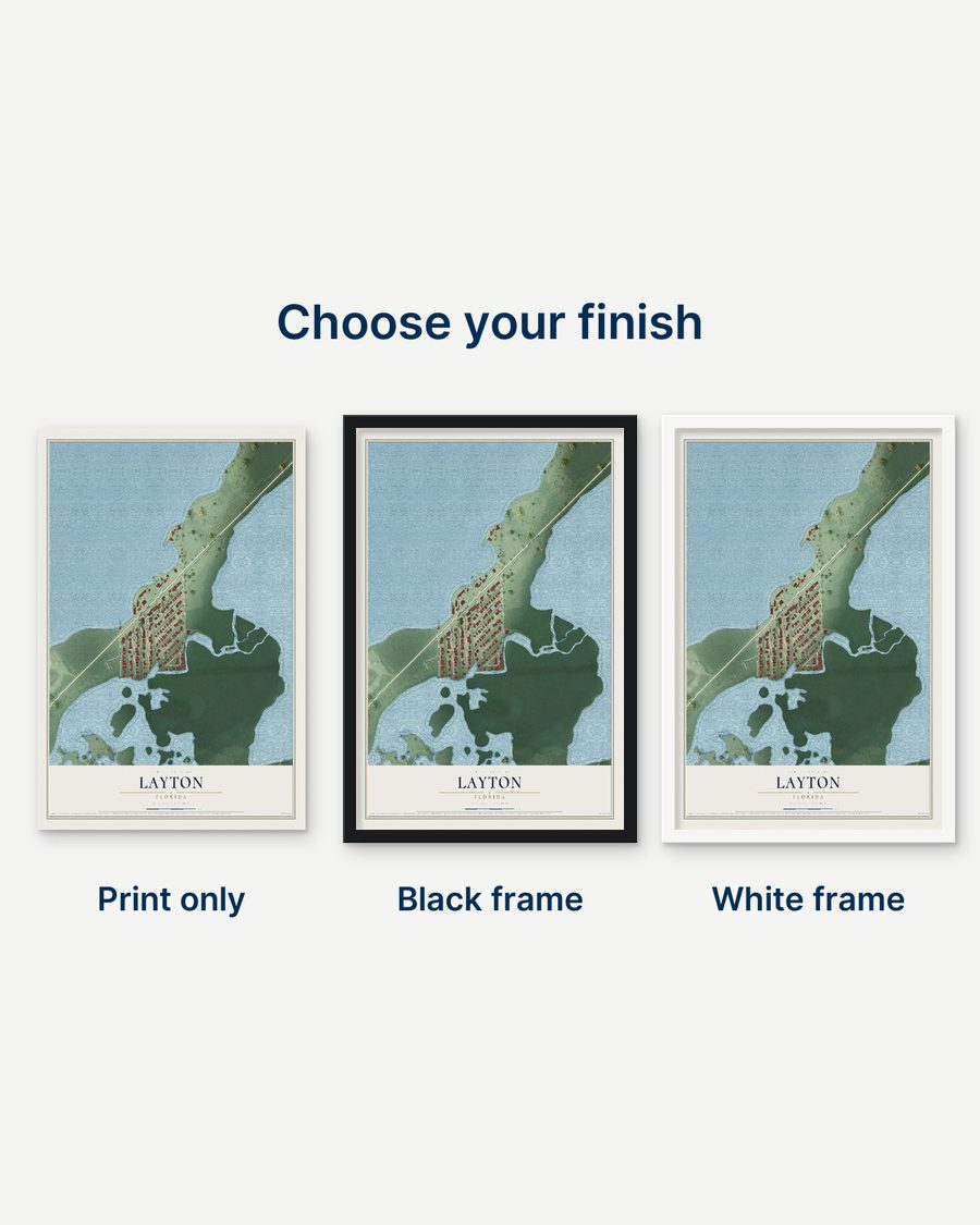 The Layton, Florida map as a print only, in a black frame and in a white frame