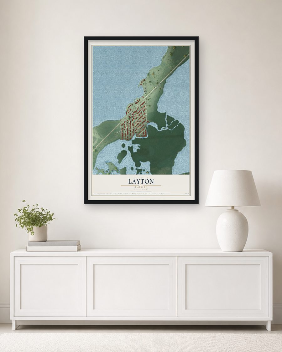 The Layton, Florida map, 24 x 36 in, in a black wood frame on a living room wall
