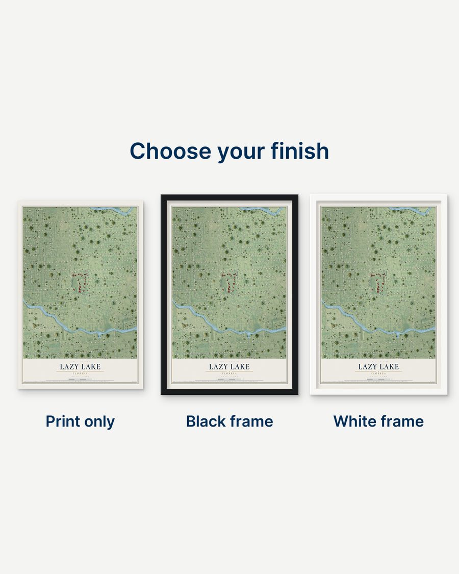 The Lazy Lake, Florida map as a print only, in a black frame and in a white frame
