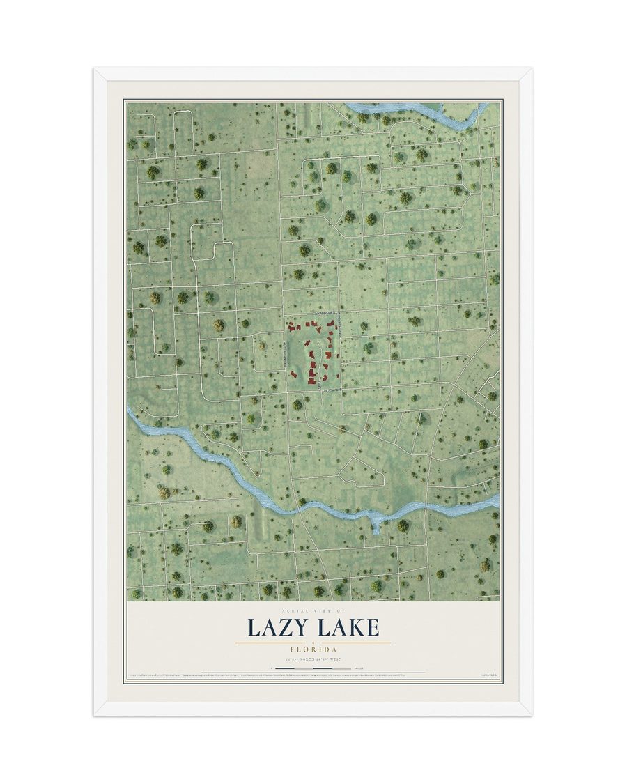 Lazy Lake, Florida map print, 12 x 18 in, white wood frame