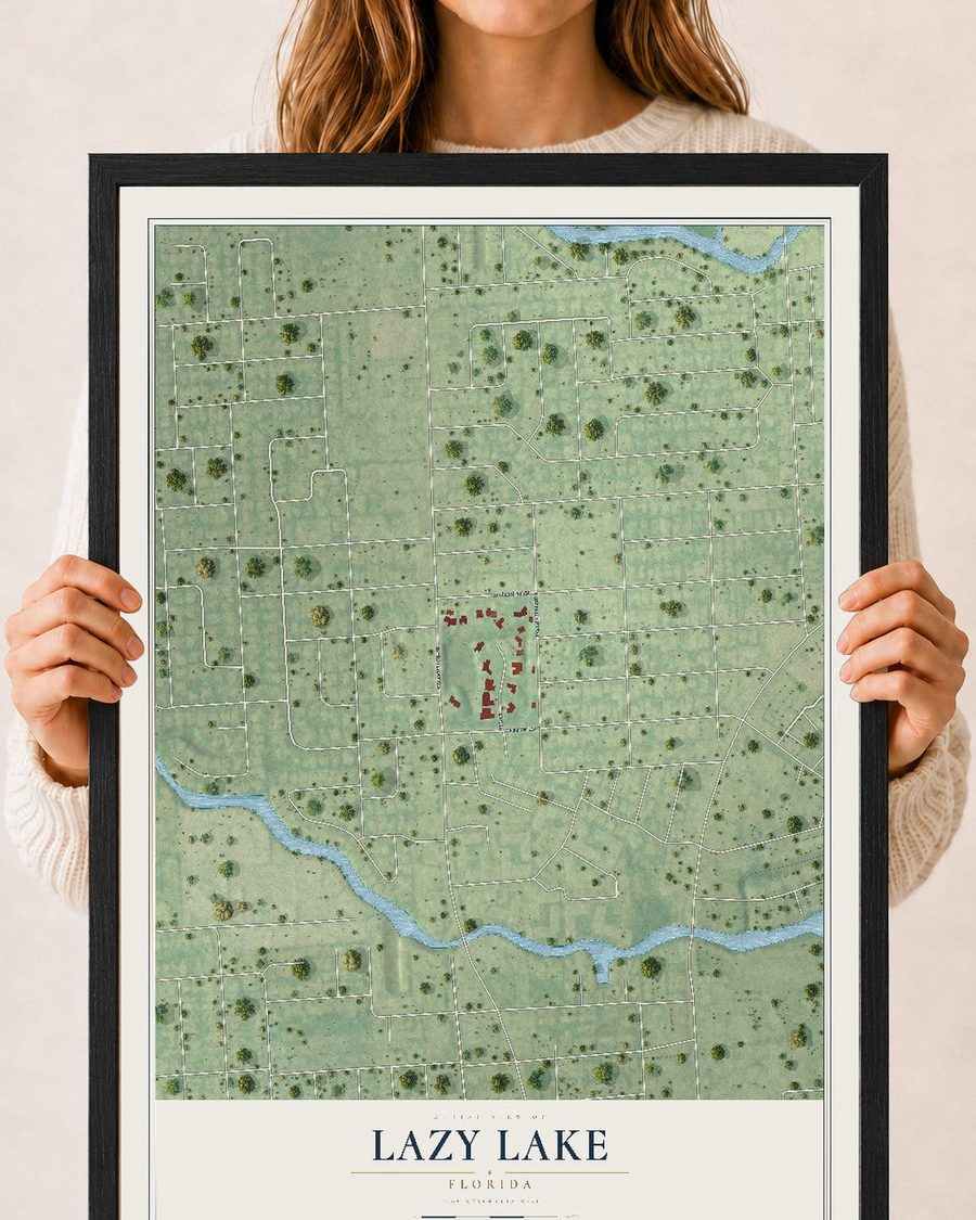 Lazy Lake, Florida map print, 18 x 24 in, black wood frame