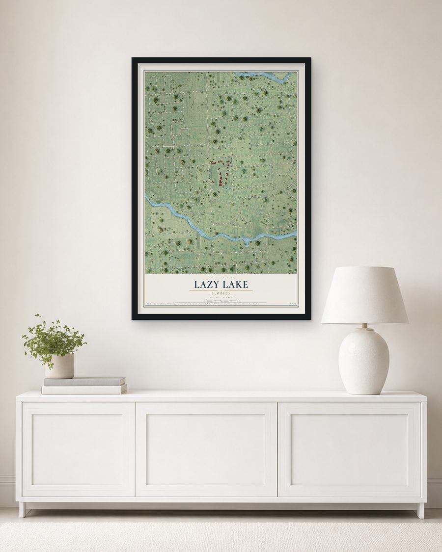 The Lazy Lake, Florida map, 24 x 36 in, in a black wood frame on a living room wall