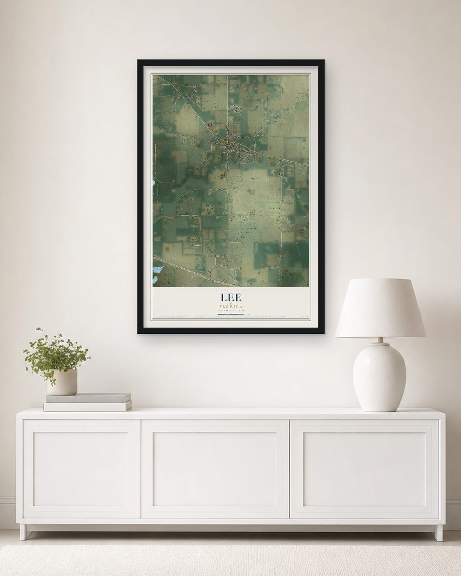 The Lee, Florida map, 24 x 36 in, in a black wood frame on a living room wall
