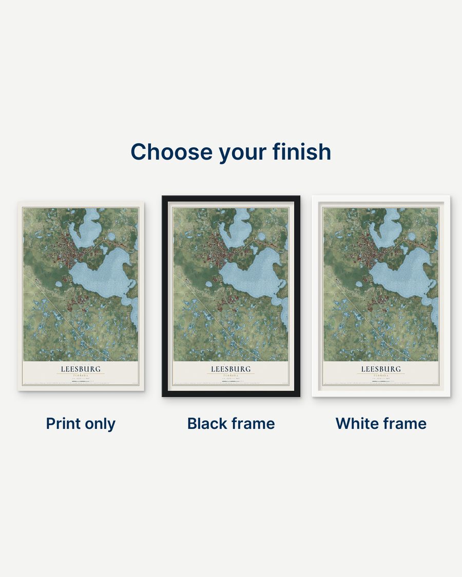 The Leesburg, Florida map as a print only, in a black frame and in a white frame