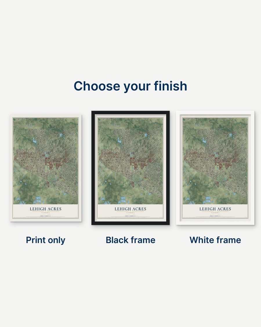 The Lehigh Acres, Florida map as a print only, in a black frame and in a white frame
