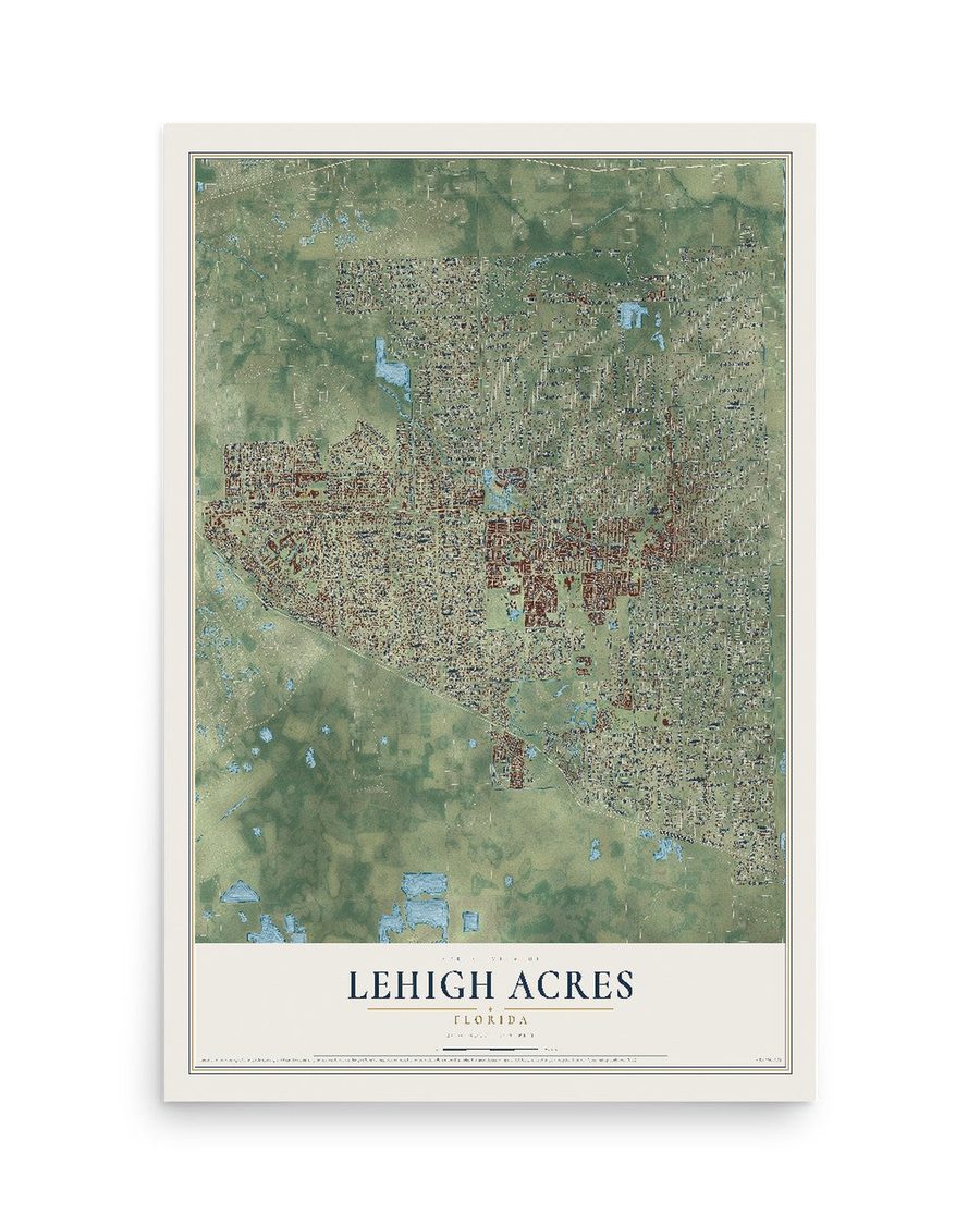 Lehigh Acres, Florida map print, 12 x 18 in, print only